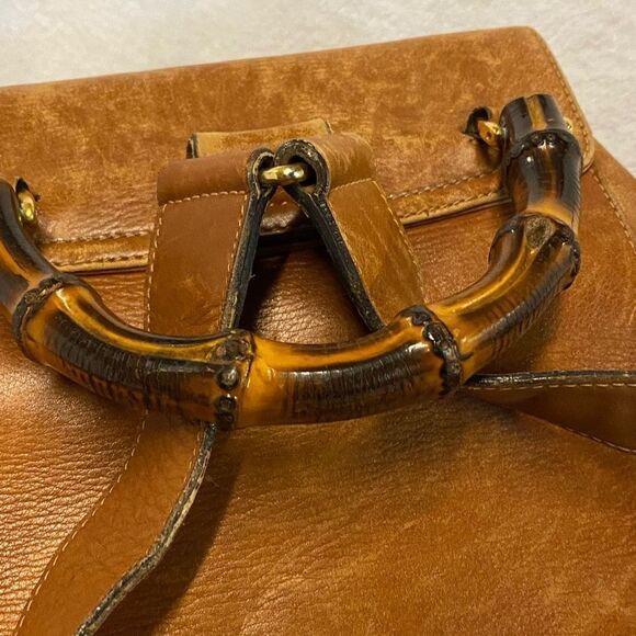 Authentic Gucci Brown Leather Bamboo Accent Mini Backpack / Large Purse *FLAWS* - Picture 5 of 12